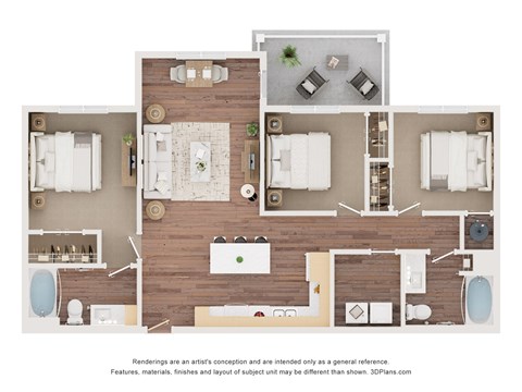 A 3D floor plan of a house with multiple rooms and furniture.